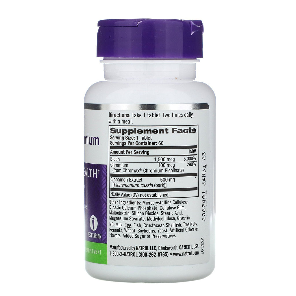 Natrol, kanel, krom og biotin, 60 tabletter
