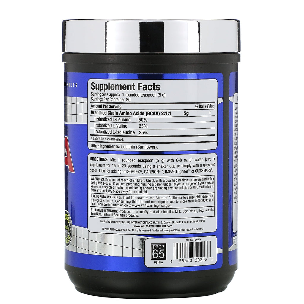 ALLMAX Nutrition, BCAA, proporción instantánea 2:1:1, polvo sin sabor, 400 g