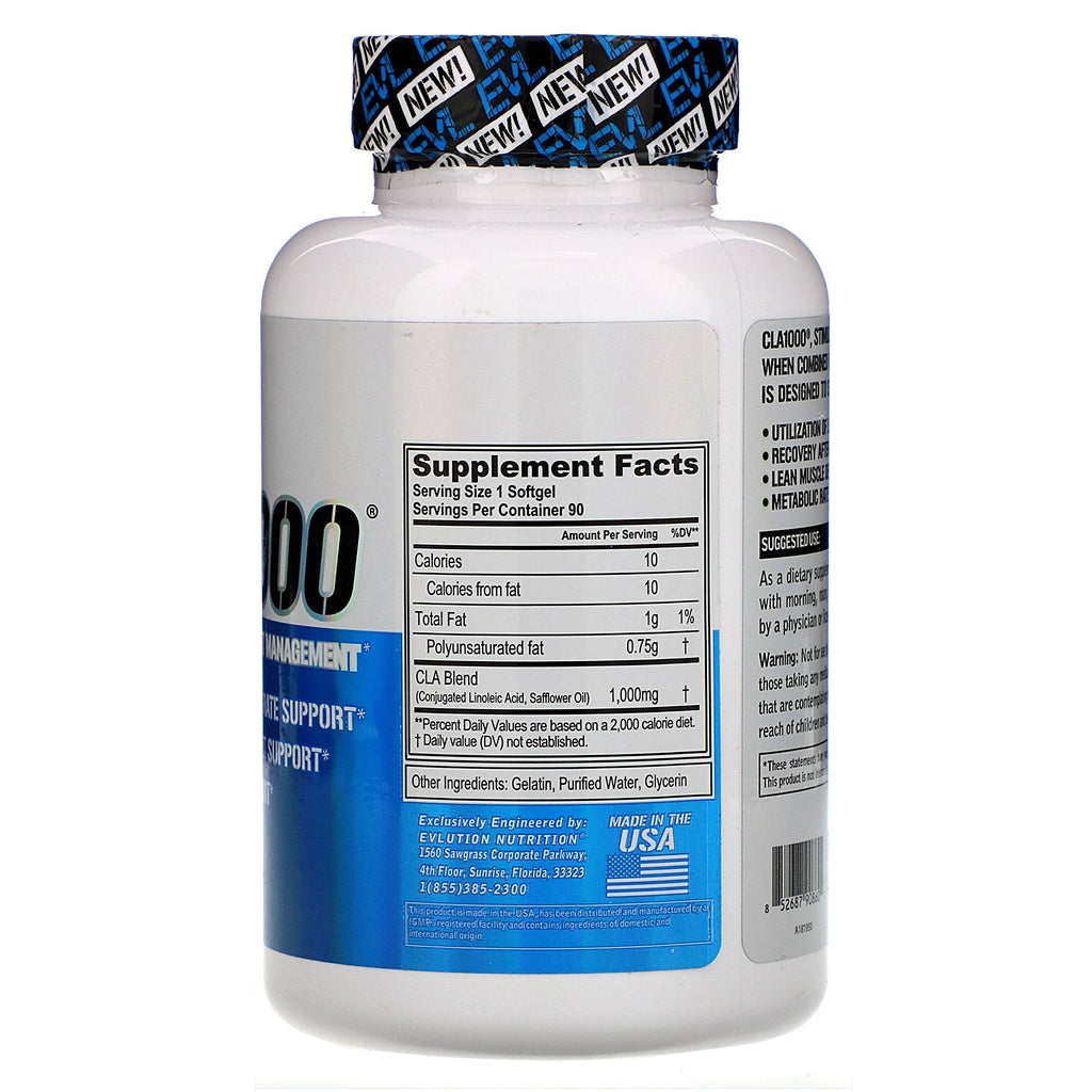 EVLution Nutrition, CLA1000, Stimulant Free Weight Management, 90 Softgels
