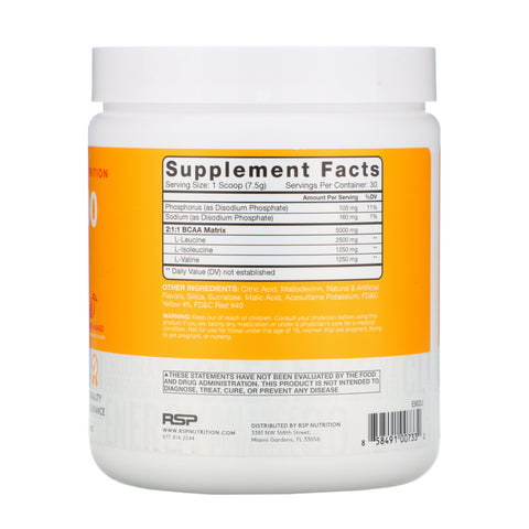 RSP Nutrition, BCAA 5000, BCAA instantáneos, naranja mango, 5000 mg, 7,94 oz (225 g)