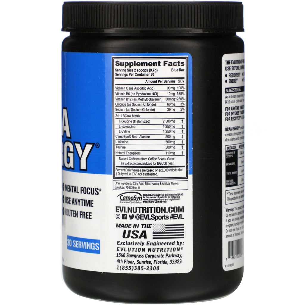 EVLution Nutrition, BCAA ENERGÍA, Blue Raz, 291 g (10,26 oz)