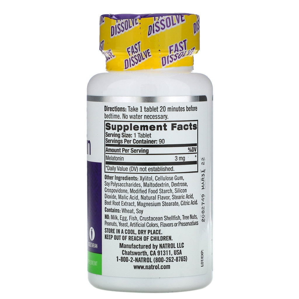 Natrol, Melatonin, Hurtigt opløseligt, Jordbærsmag, 3 mg, 90 tabletter