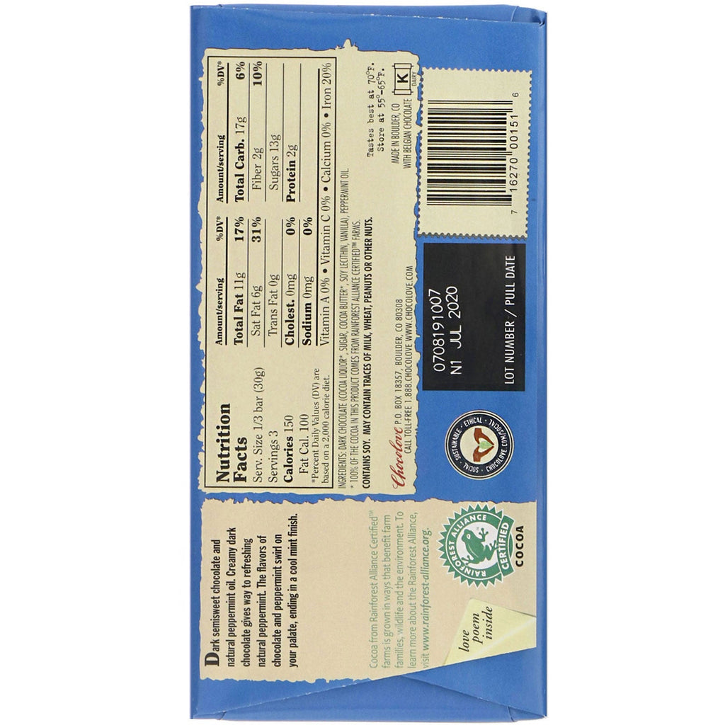 Chokolove, pebermynte i mørk chokolade, 55 % kakao, 90 g (3,2 oz)