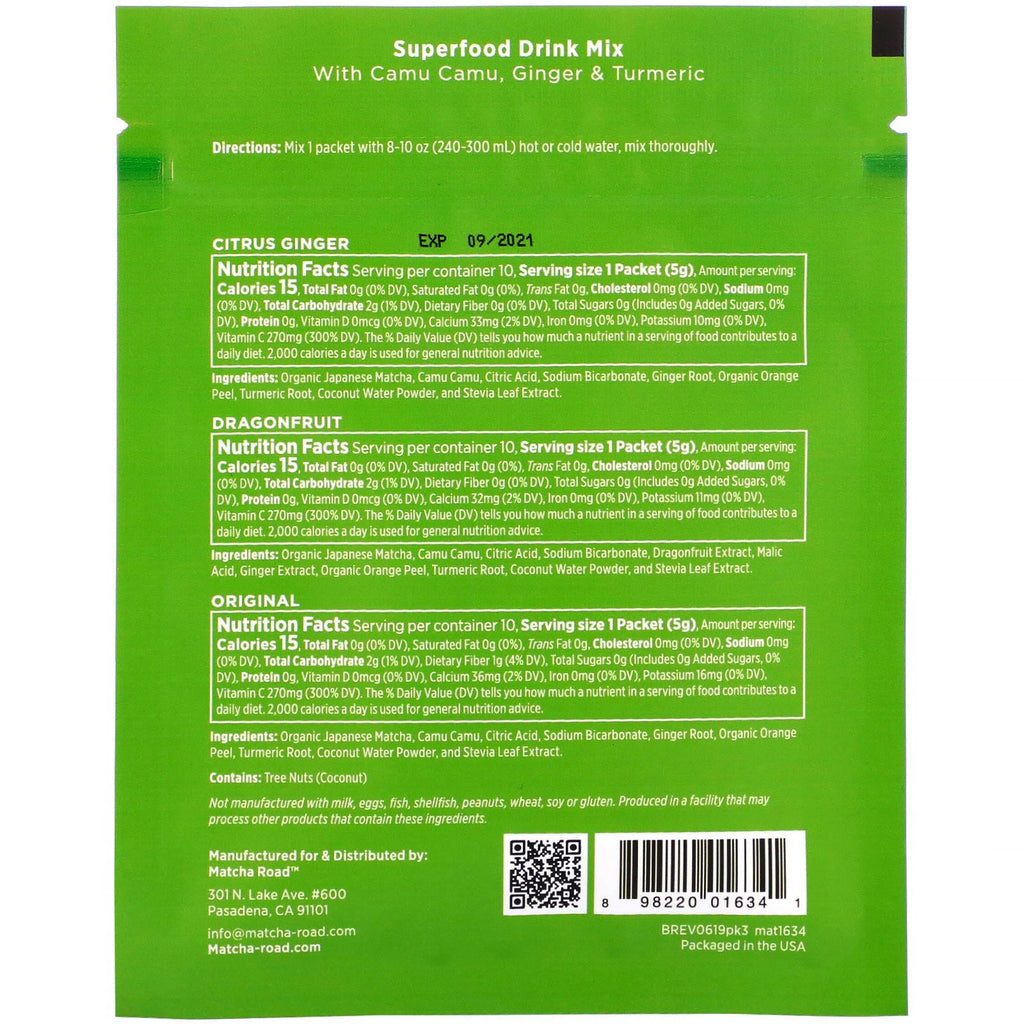Matcha Road, Matcha + C-vitamin, prøvepakke (citrus ingefær, dragefrugt, original), 3 pakker, 0,18 oz (5 g) hver