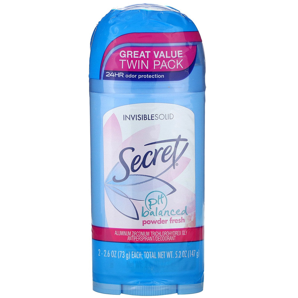 Secret, pH Balanced Deodorant, Invisible Solid, Powder Fresh, Twin Pack, 2.6 oz (73 g) Each