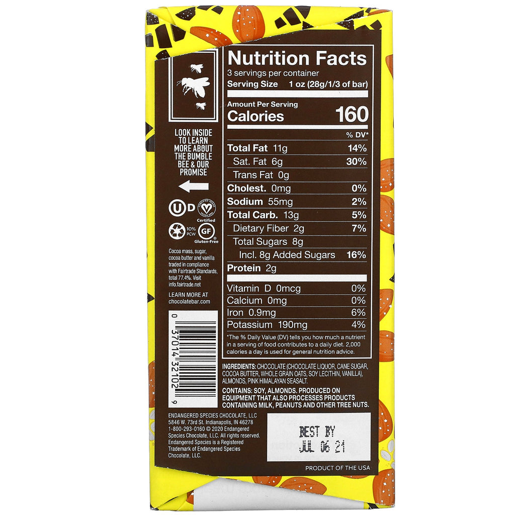 Chocolate de especies en peligro de extinción, leche de avena, sal marina y almendras + chocolate amargo, 55 % cacao, 3 oz (85 g)