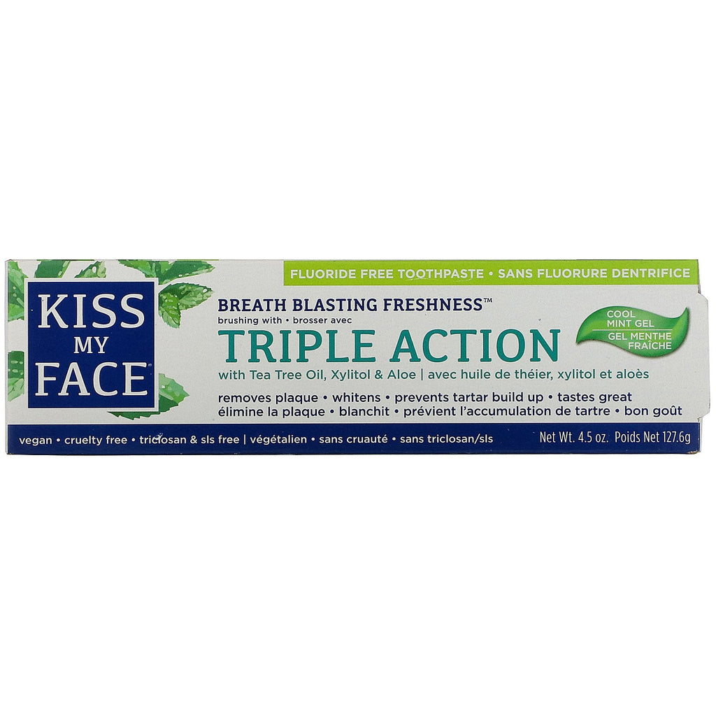 Kiss My Face, Triple Action Toothpaste with Tea Tree Oil, Xylitol & Aloe, Fluoride Free, Cool Mint Gel, 4.5 oz (127.6 g)