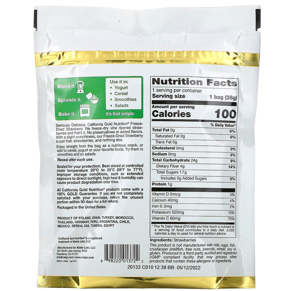 California Gold Nutrition, frysetørrede jordbær, klar til at spise hele frysetørrede skiver, 1 oz (28 g)