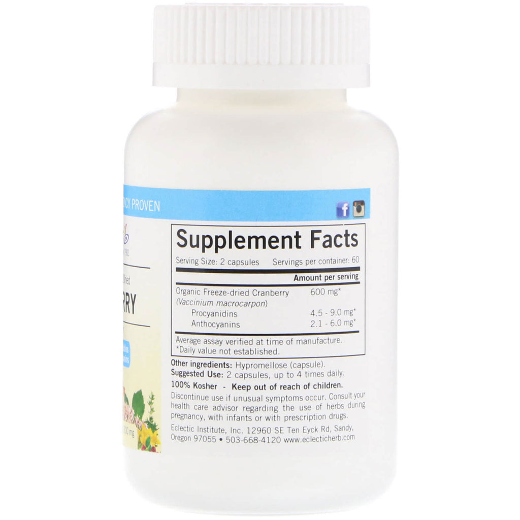 Eclectic Institute, Raw Fresh Frysetørret, Tranebær, 300 mg, 120 Ikke-GMO-grøntsagshætter