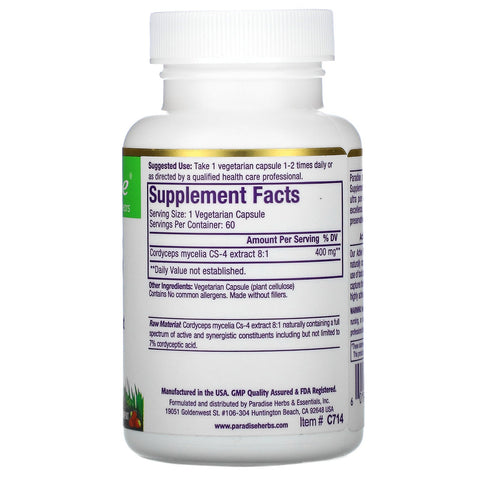 Paradise Herbs, CS-4 Strain, Cordyceps, 60 Vegetarian Capsules