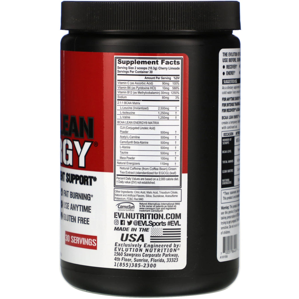 EVLution Nutrition, BCAA LEAN ENERGY, lima y cereza, 309 g (10,90 oz)