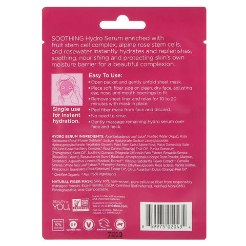 Andalou Naturals, Instant Hydration, Hydro Serum Beauty Facial Mask, 1 Single Use Fiber Sheet Mask, .6 fl oz (18 ml)