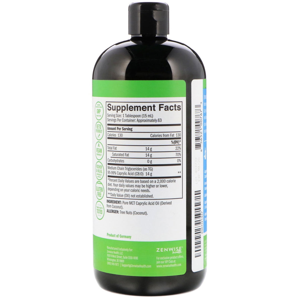 Zenwise Health, C8-MAX, Caprylic Acid MCT Oil, Metabolism Booster, Unflavored, 32 fl oz (946 ml)