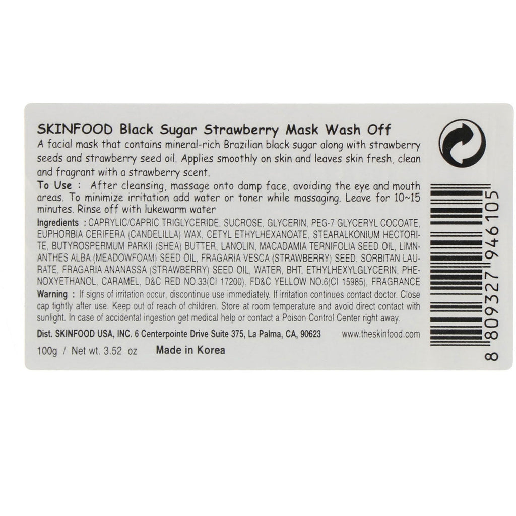 Skinfood, Black Sugar, Strawberry Mask Wash Off, 100 g