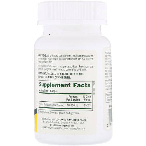 Nature's Plus, Maximum Potency, Vit D3, 10,000 IU, 60 Softgels