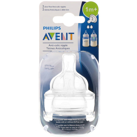 Philips Avent, Slow Flow Anti-Colic Nipples, 1 + Months, 2 Pack