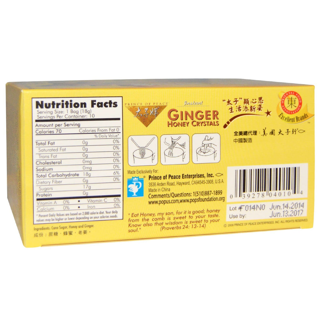 Prince of Peace, Instant Ginger Honning Crystals, 10 poser, (18 g) hver