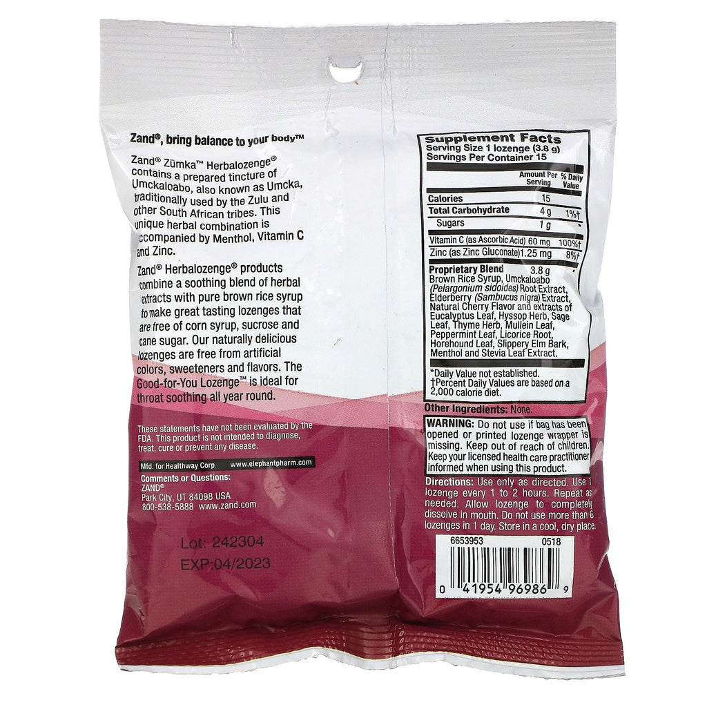 Zand, Zumka, Herbalozenge, Cherry Menthol Flavor, 15 homøopatiske pastiller