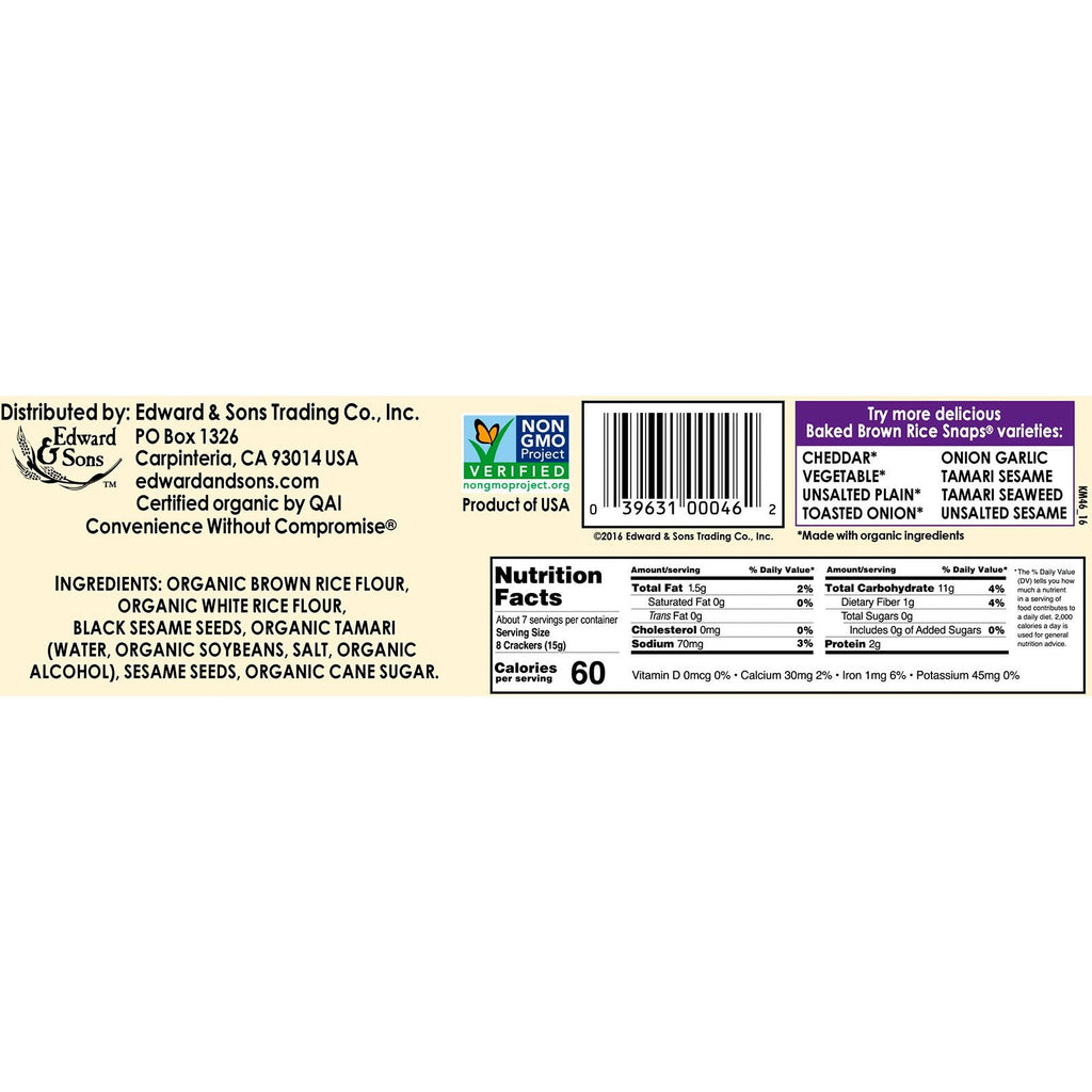 Edward &amp; Sons, bagte fuldkorns brune rissnaps, sort sesam, 3,5 oz (100 g)