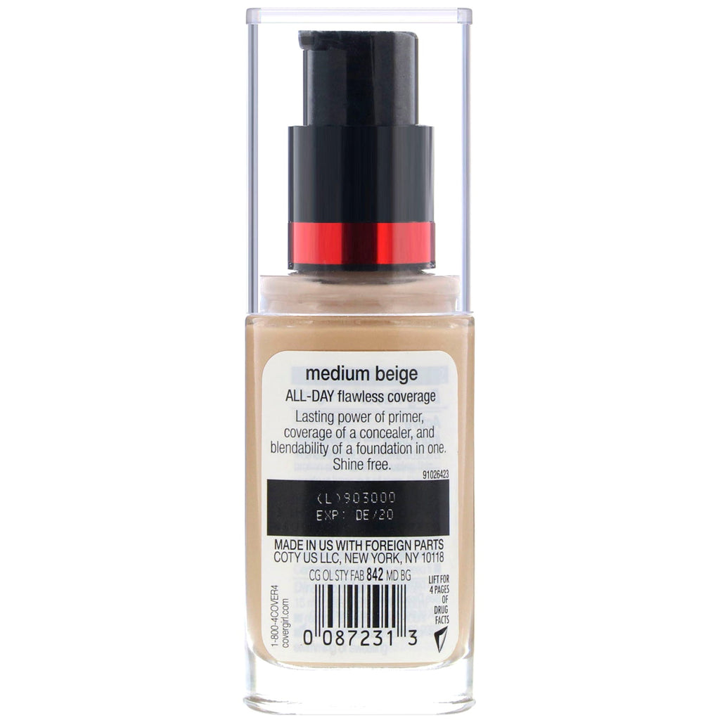 Covergirl, Outlast All-Day Stay Fabulous, 3-in-1 Foundation, 842 Medium Beige, 1 fl oz (30 ml)