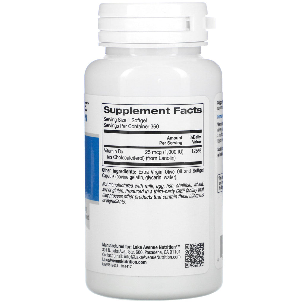 Lake Avenue Nutrition, Vitamin D3, 25 mcg (1,000 IU), 360 Softgels