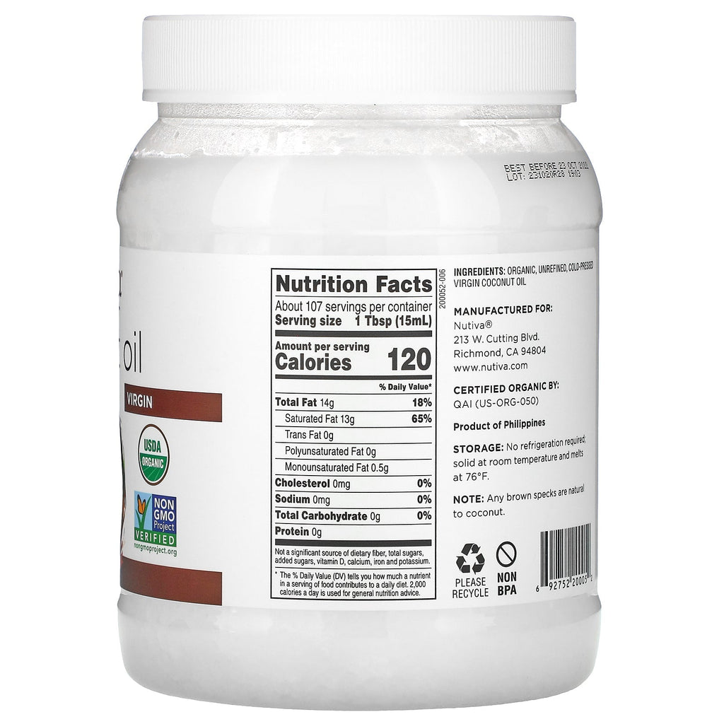 Nutiva,  Coconut Oil, Virgin, 54 fl oz (1.6 L)