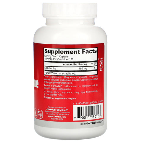 Jarrow Formulas, L-Glutamina, 750 mg, 120 cápsulas vegetales