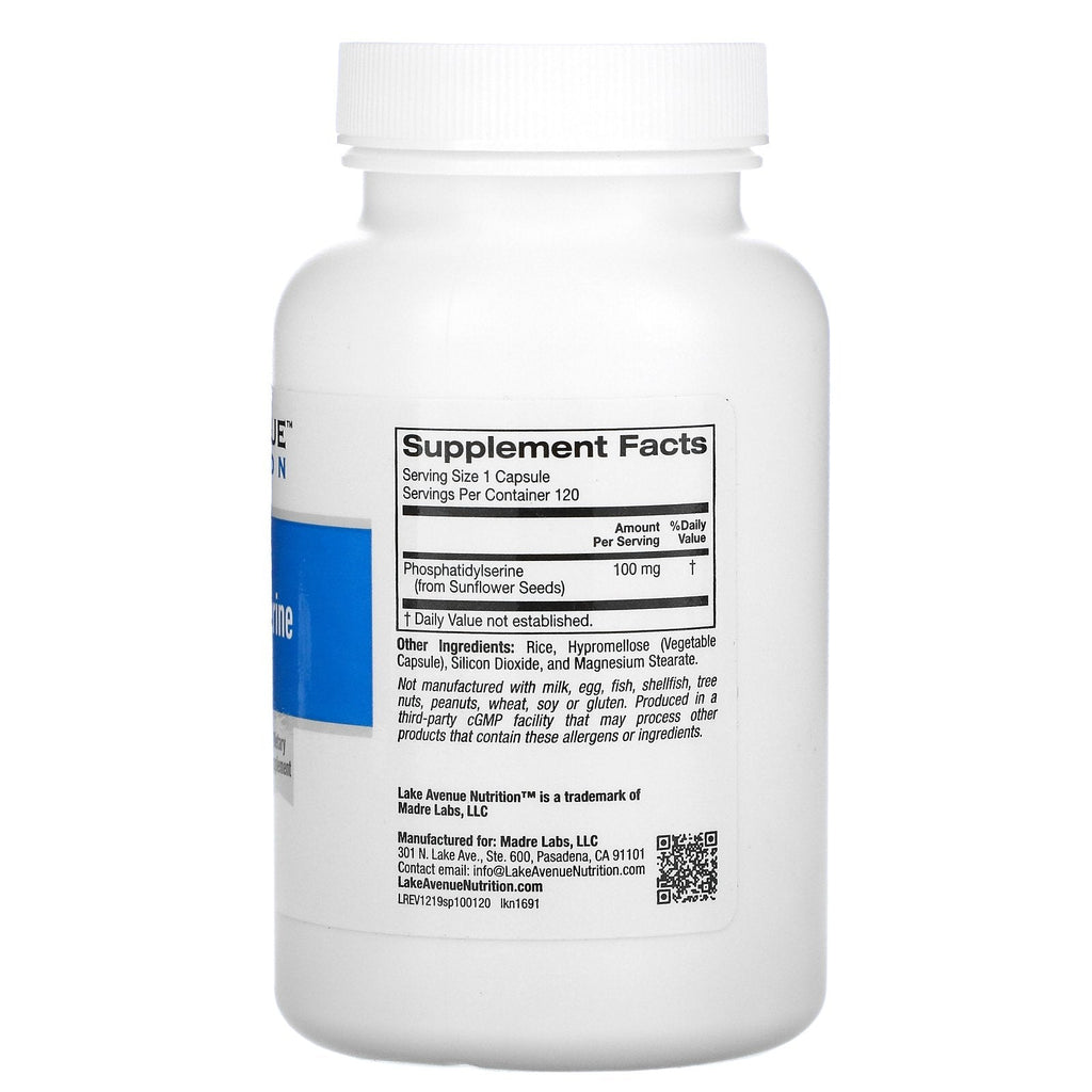 Lake Avenue Nutrition, solsikkefosfatidylserin, 100 mg, 120 vegetabilske kapsler