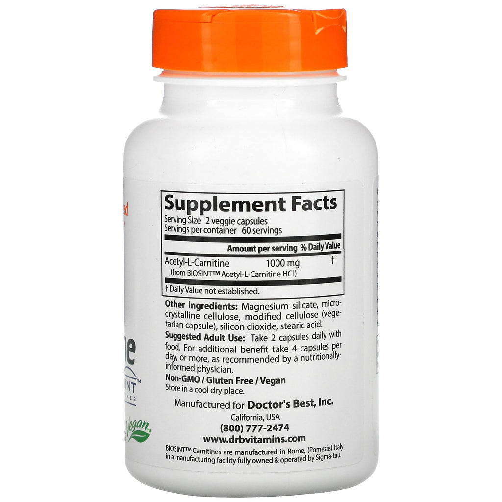 Doctor's Best, Acetil-L-Carnitina con carnitinas Biosint, 500 mg, 120 cápsulas vegetales