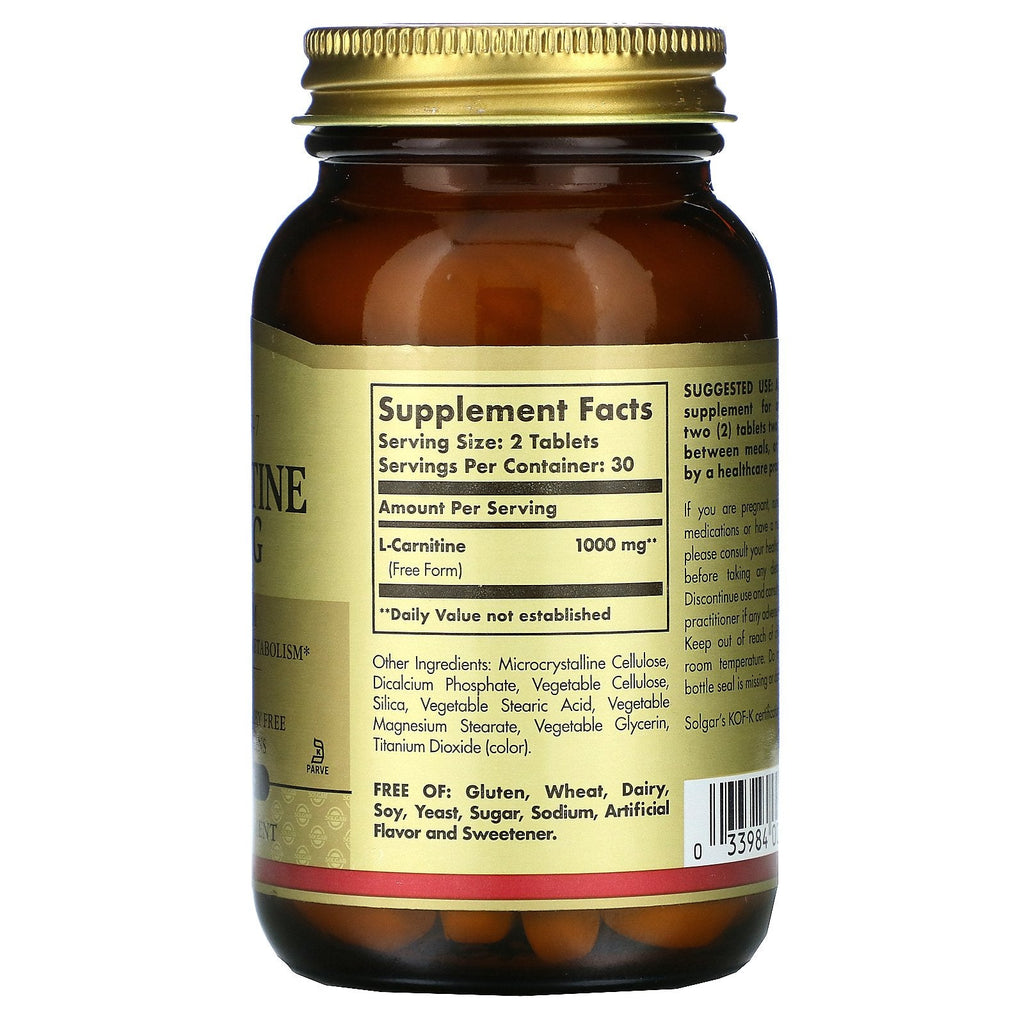 Solgar, L-Carnitina, forma libre, 500 mg, 60 tabletas