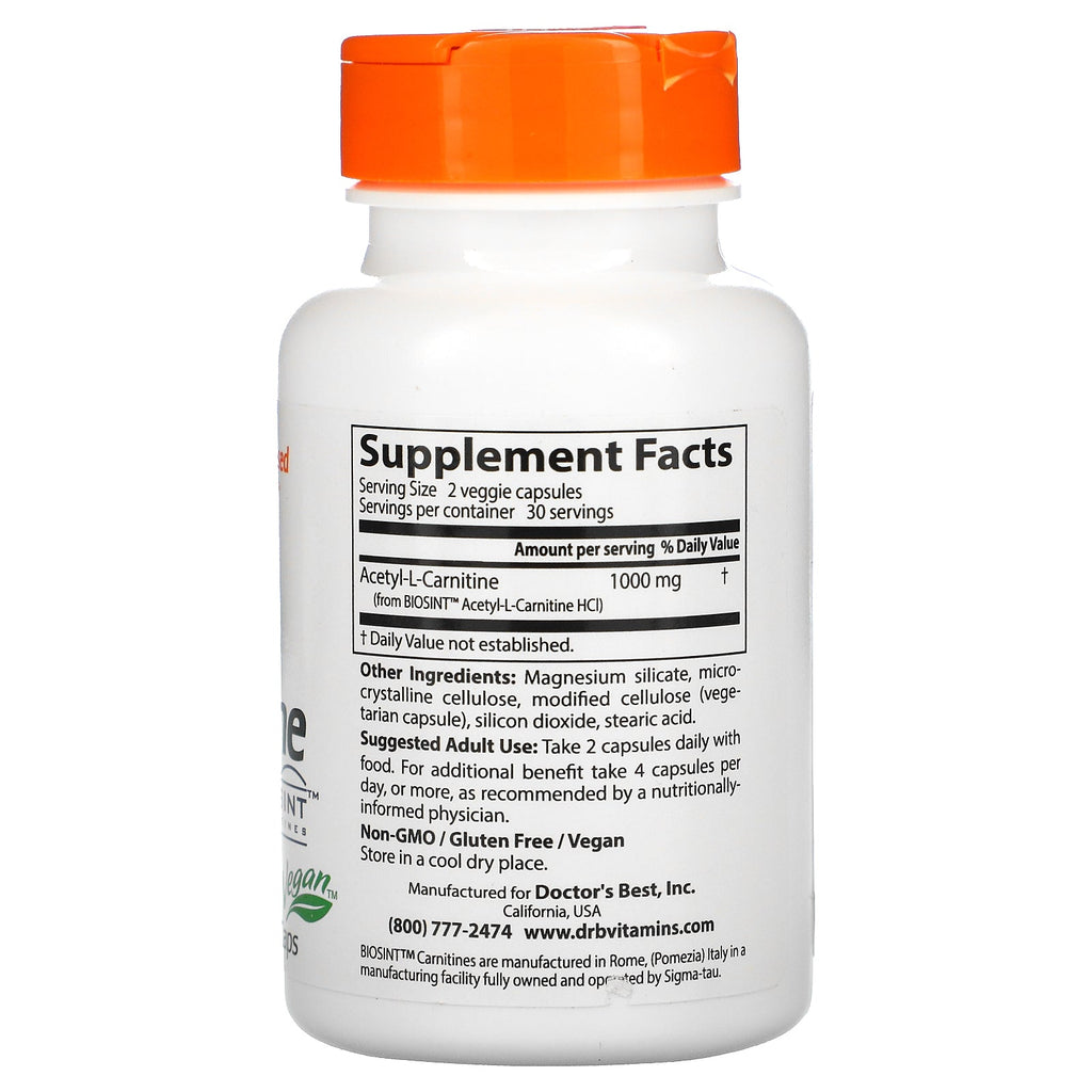 Doctor's Best, Acetil-L-Carnitina con carnitinas Biosint, 500 mg, 60 cápsulas vegetales