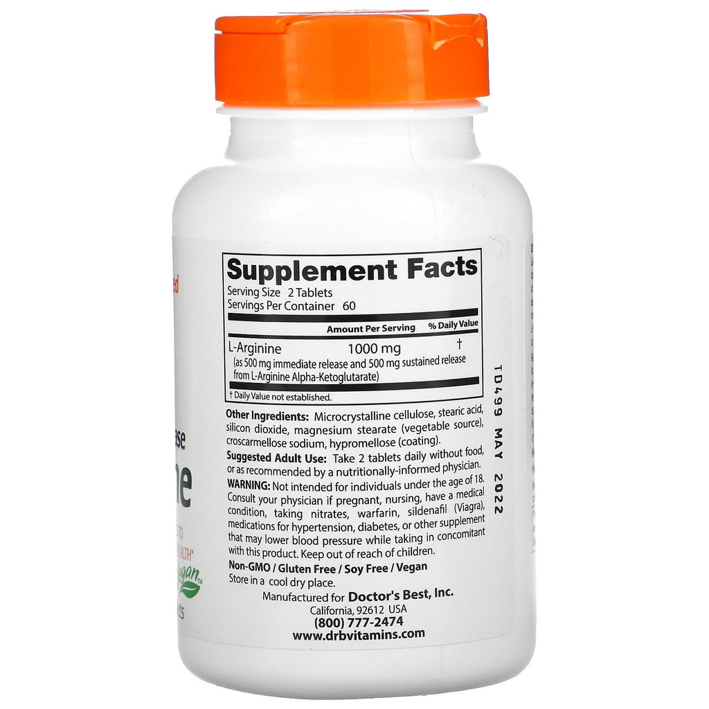 Doctor's Best, L-arginina de liberación inmediata sostenida plus, 500 mg, 120 tabletas bicapa