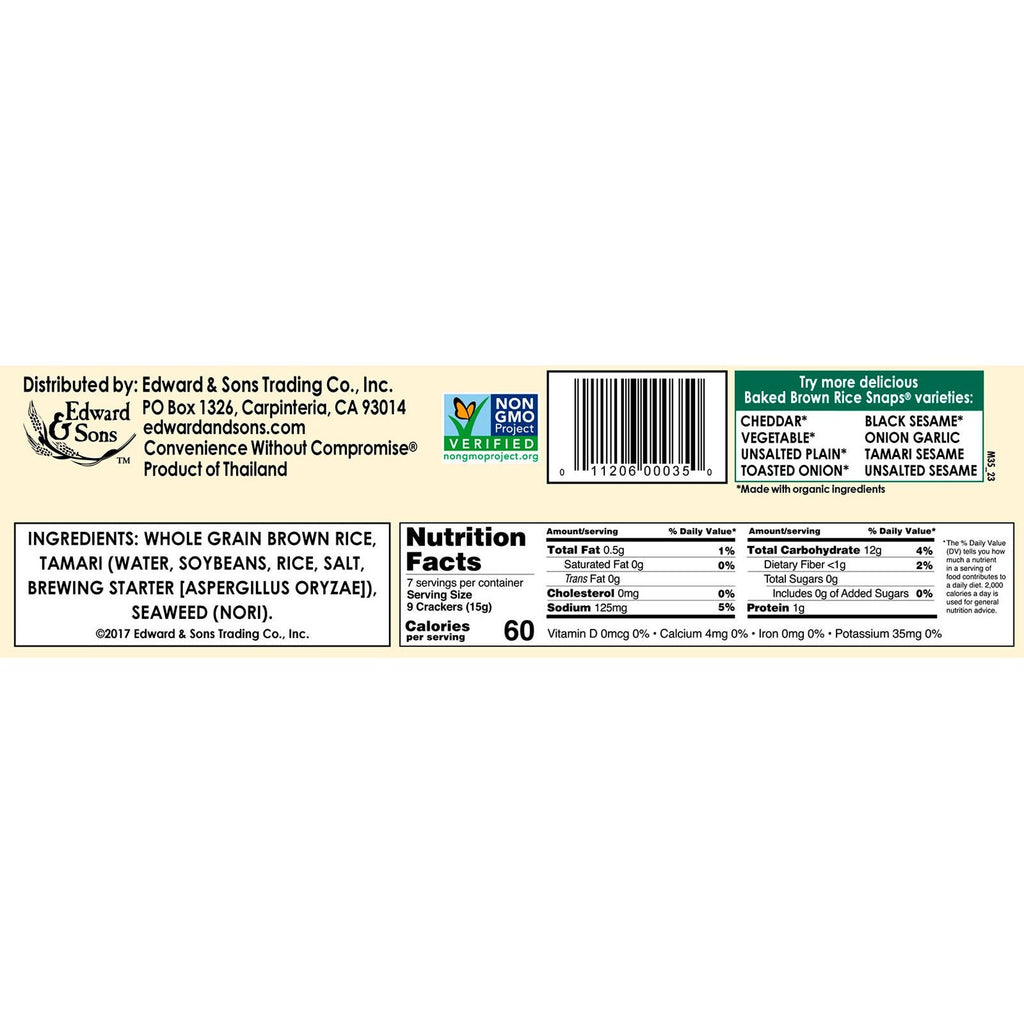 Edward &amp; Sons, bagte fuldkorns brune rissnaps, tamari tang, 3,5 oz (100 g)