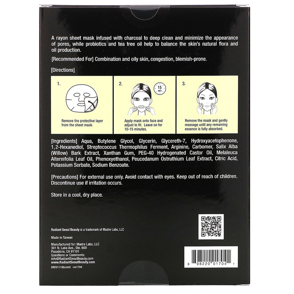 Radiant Seoul, Balancing Charcoal Sheet Masks, 5 Sheet Masks, 0.85 oz (25 ml) Each