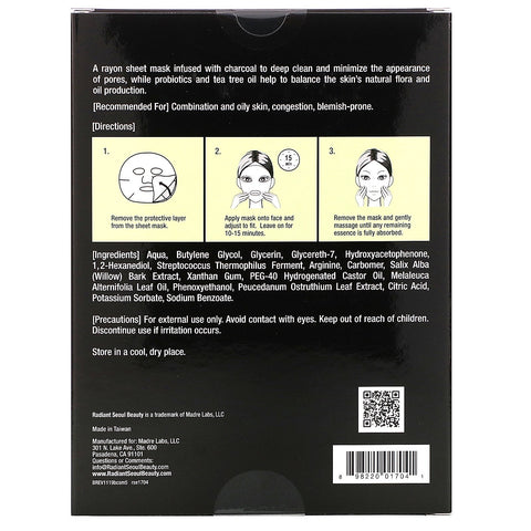 Radiant Seoul, Balancing Charcoal Sheet Masks, 5 Sheet Masks, 0.85 oz (25 ml) Each