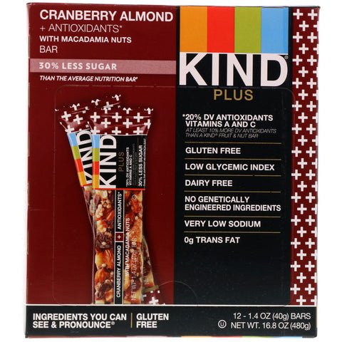 KIND Bars, Kind Plus, Cranberry Almond + Antioxidants with Macadamia Nuts, 12 Bars, 1.4 oz (40 g) Each