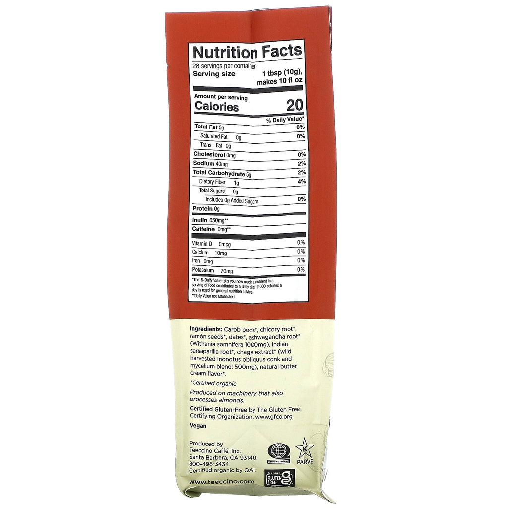 Teeccino, svampeurtekaffe, mellemristet, Chaga Ashwagandha, koffeinfri, 10 oz (284 g)