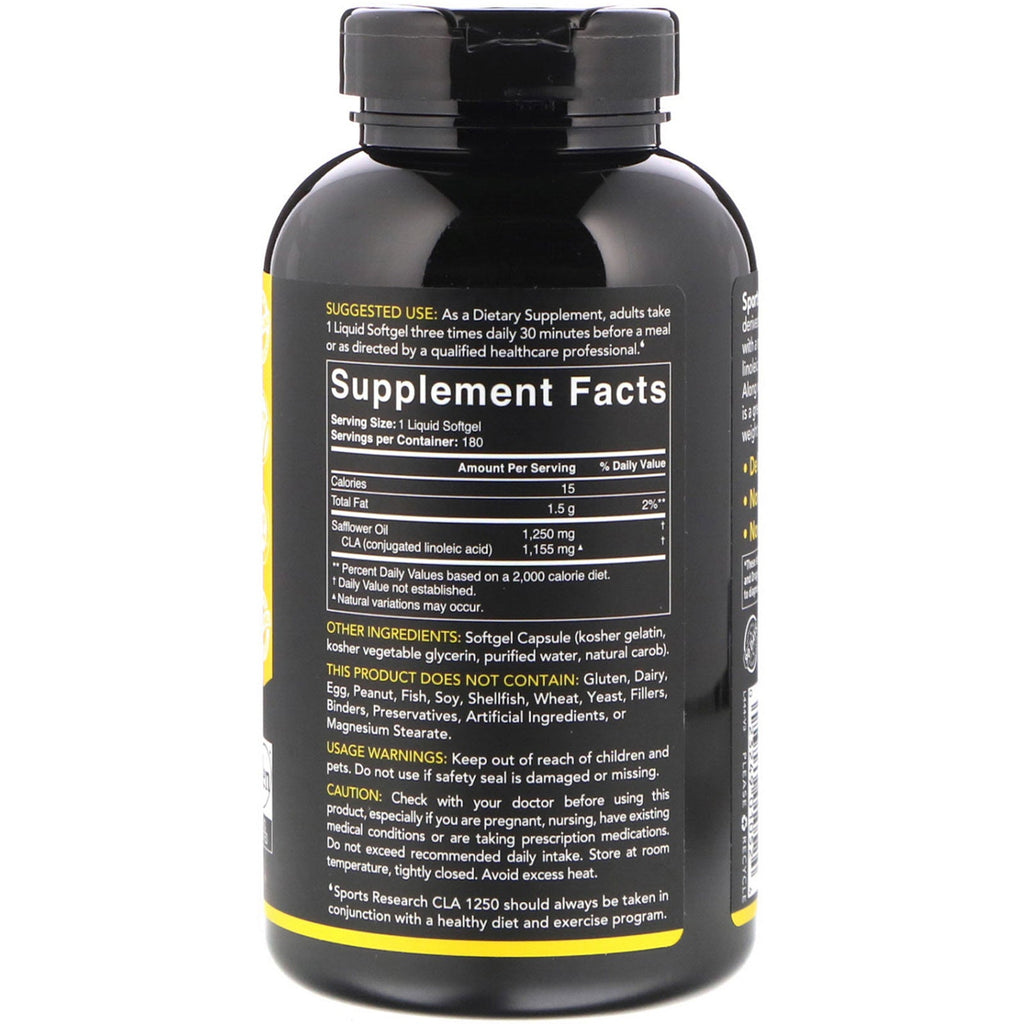 Sports Research, CLA 1250, Max Potency, 1.250 mg, 180 Softgels