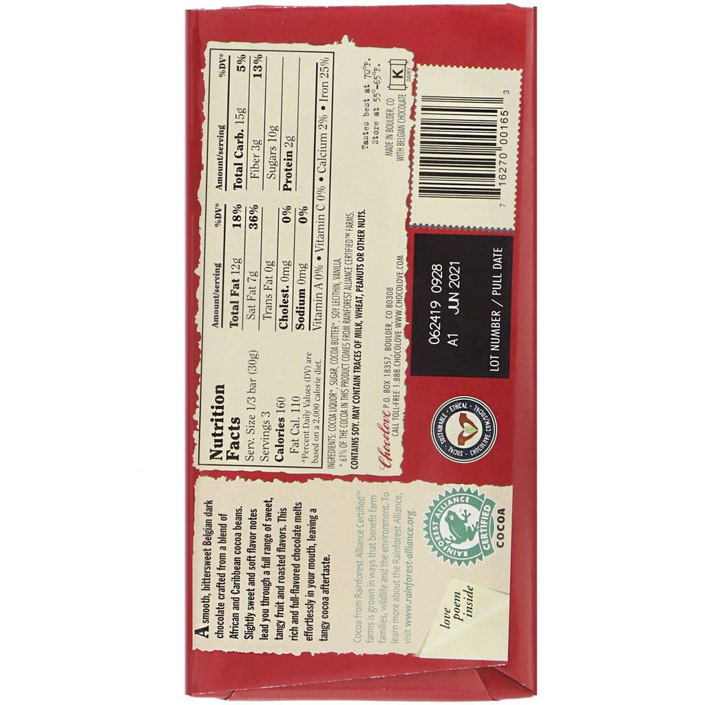 Chocolove, rico chocolate amargo, 65 % cacao, 3,2 oz (90 g)