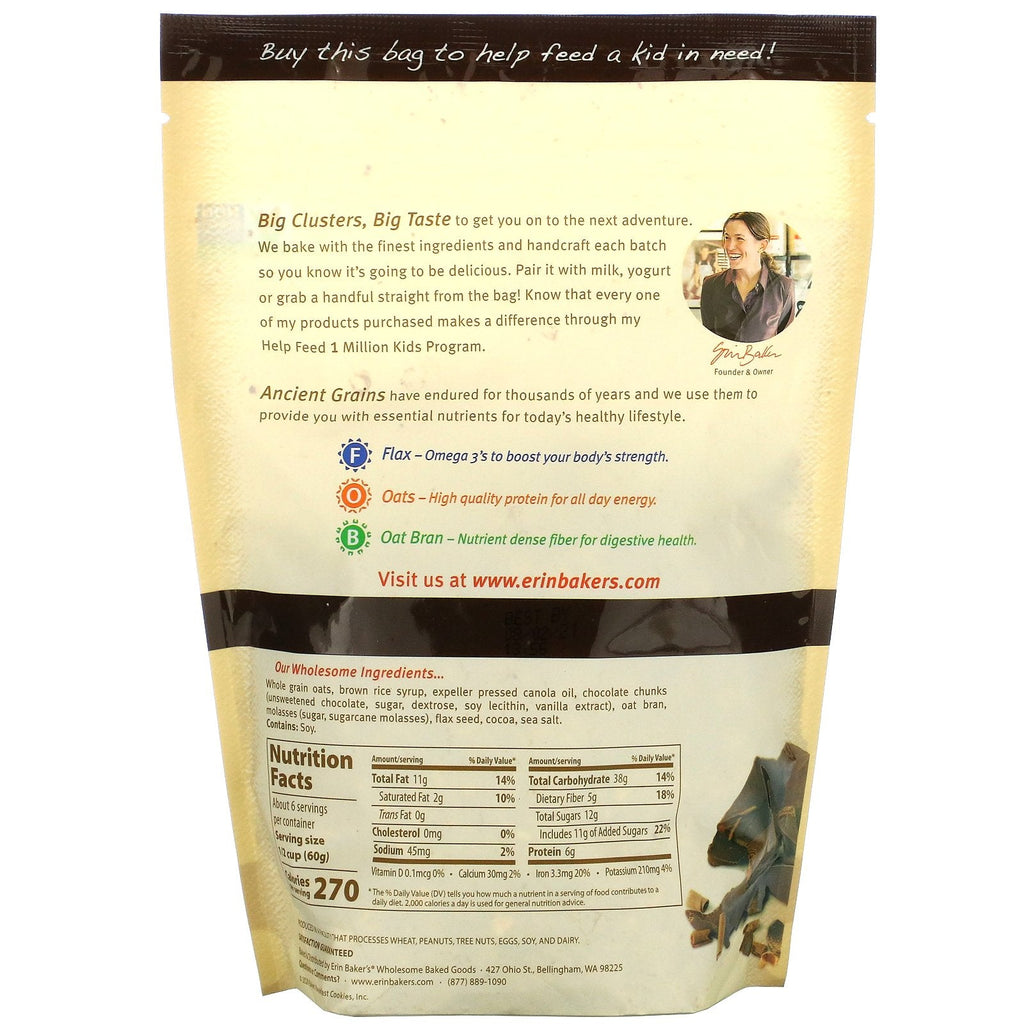 Erin Baker's, Homestyle Granola med gamle korn, dobbelt chokoladestykke, 12 oz (340 g)