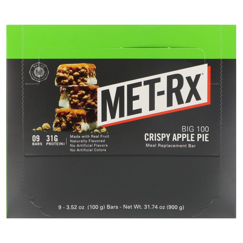 MET-Rx, Big 100, Meal Replacement Bar, Crispy Apple Pie, 9 Bars, 3.52 oz (100 g) Each