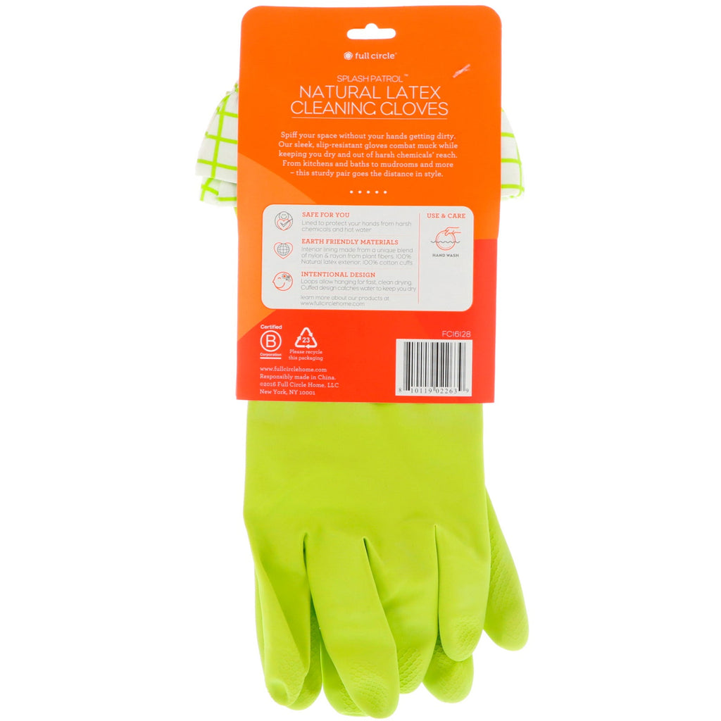 Full Circle, Splash Patrol, Natural Latex Cleaning Gloves, M/L, Green, 1 Pair