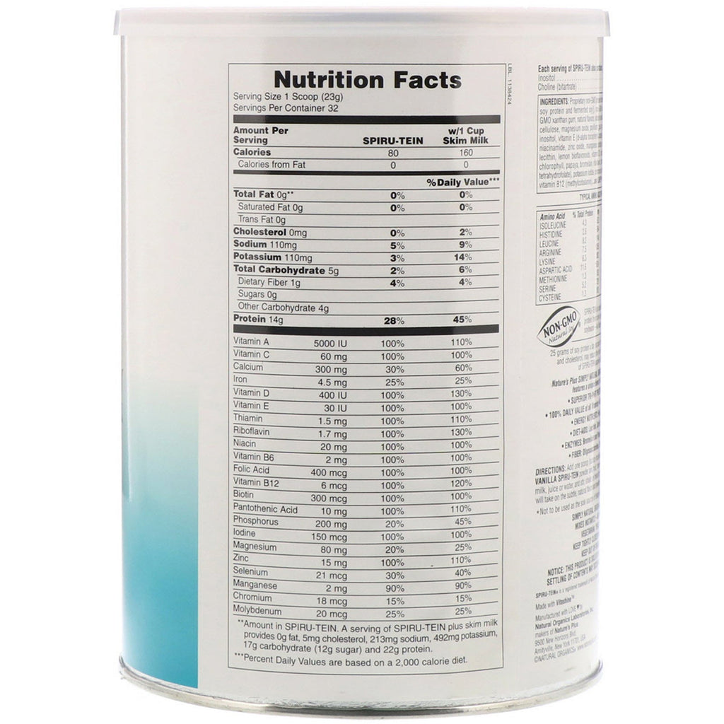 Nature's Plus, Spiru-Tein, High Protein Energy Meal, Simply Natural Original Vanilla, Usødet, 1,63 lbs (740 g)
