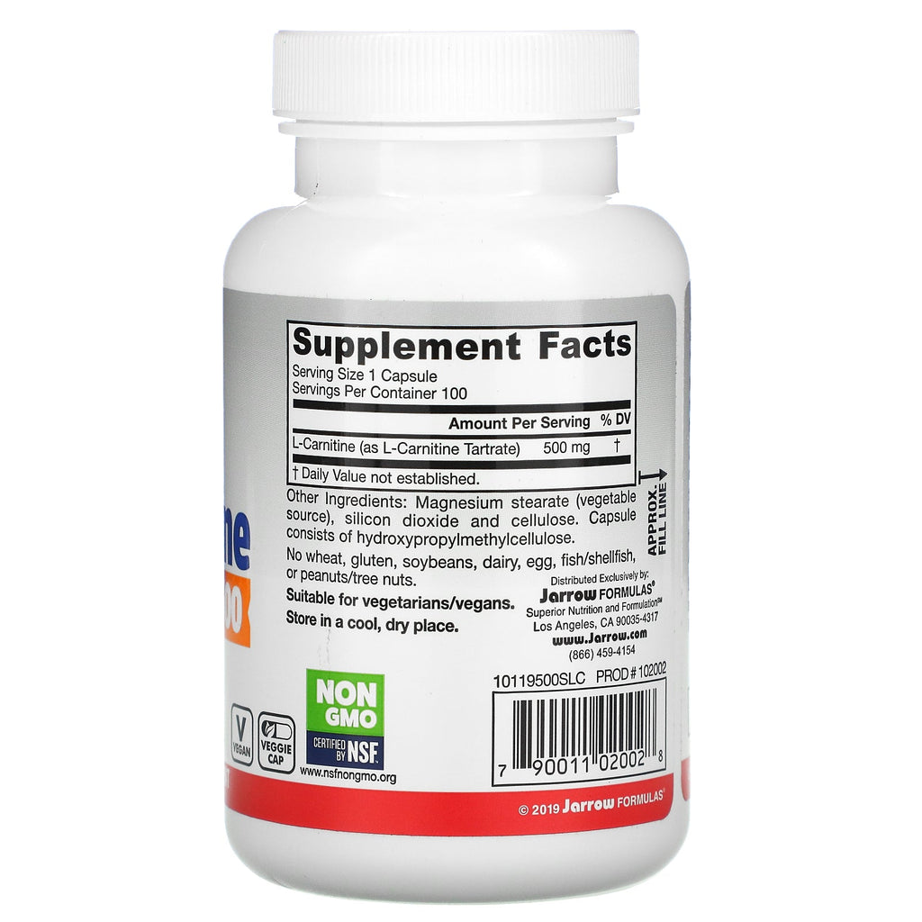 Jarrow Formulas, L-Carnitina 500, 500 mg, 100 cápsulas vegetales