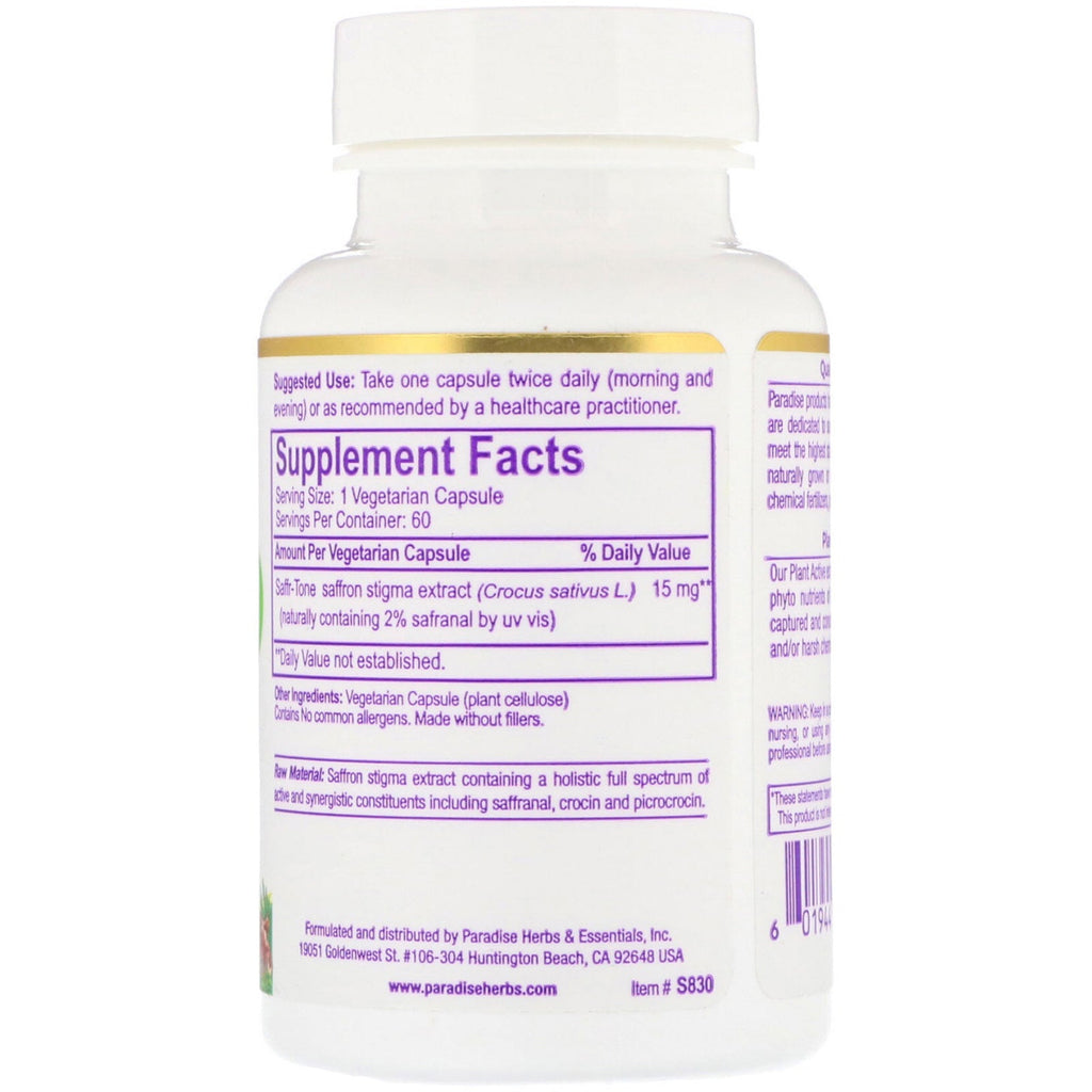 Paradise Herbs, Saffr-Tone, 60 Vegetarian Capsules