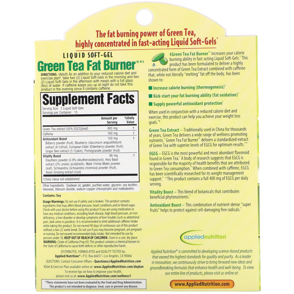 appliednutrition, Green Tea Fat Burner, 30 Fast-Acting Liquid Soft-Gels