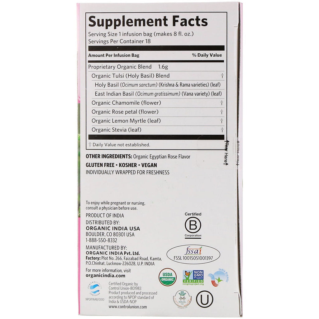 Indien, Tulsi-te, sød rose, koffeinfri, 18 infusionsposer, 1,01 oz (28,8 g)