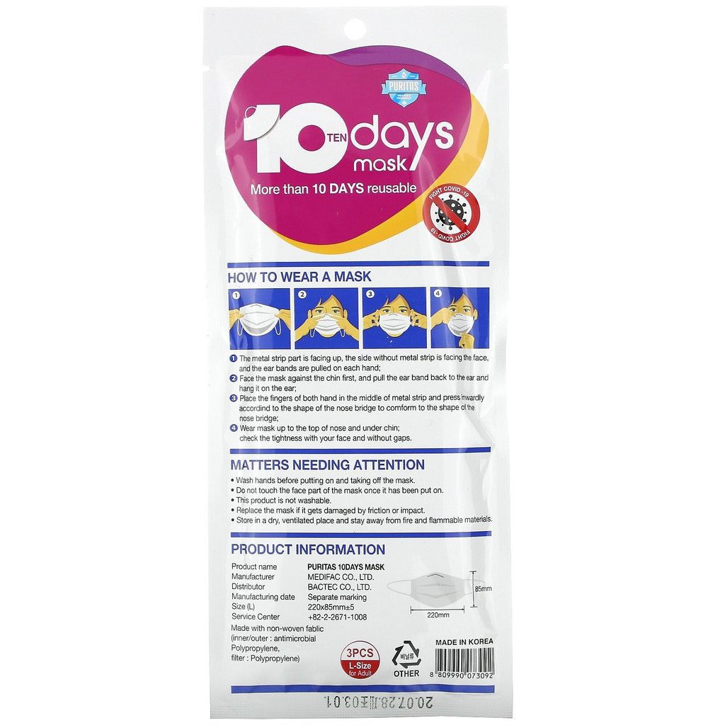 Puritas, 10 Days Mask, Large, 3 Pack