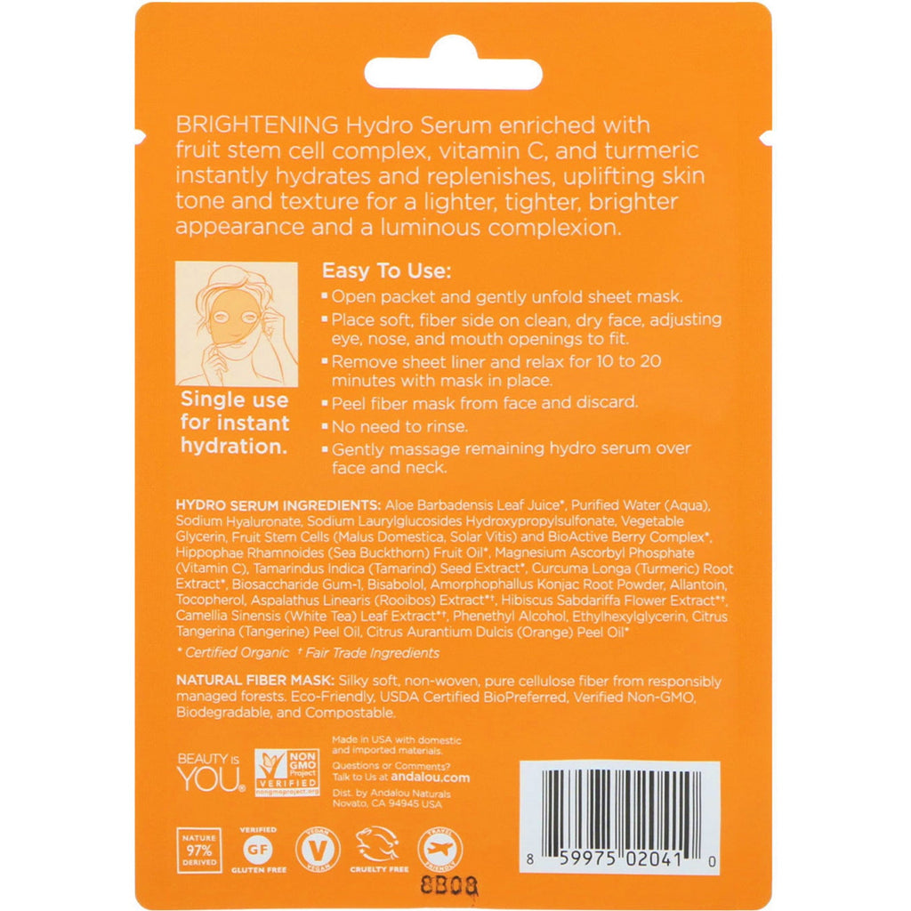 Andalou Naturals, Instant Brighten & Tighten, Hydro Serum Beauty Facial Mask, Brightening, 1 Single Use Fiber Sheet Mask, .6 fl oz (18 ml)