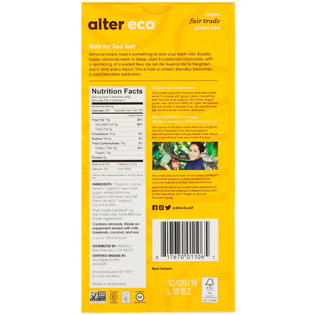 Alter Eco, chokoladebar, dybt mørksaltede mandler, 70 % kakao, 2,82 oz (80 g)